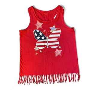 Girls Red Fringe Tank w/ Butterfly USA Holiday Print Size XL